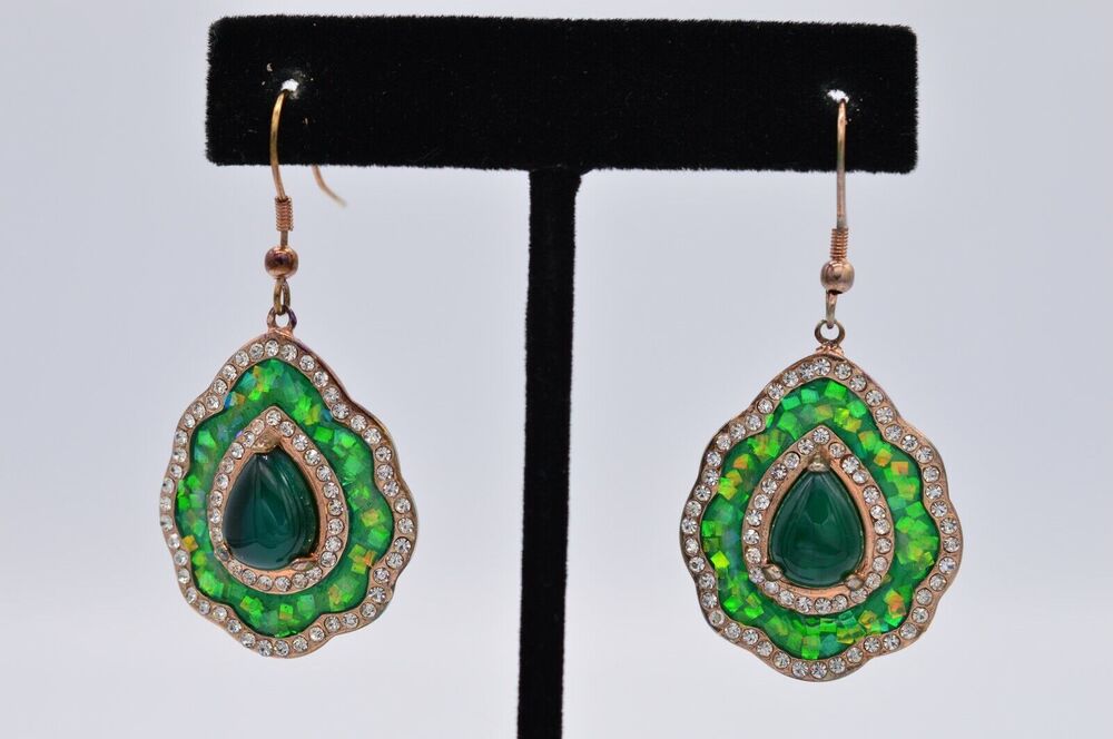 Vintage Cabochon Earrings Dangle Green Glitter Enamel Rhinestone Peacock BinAF
